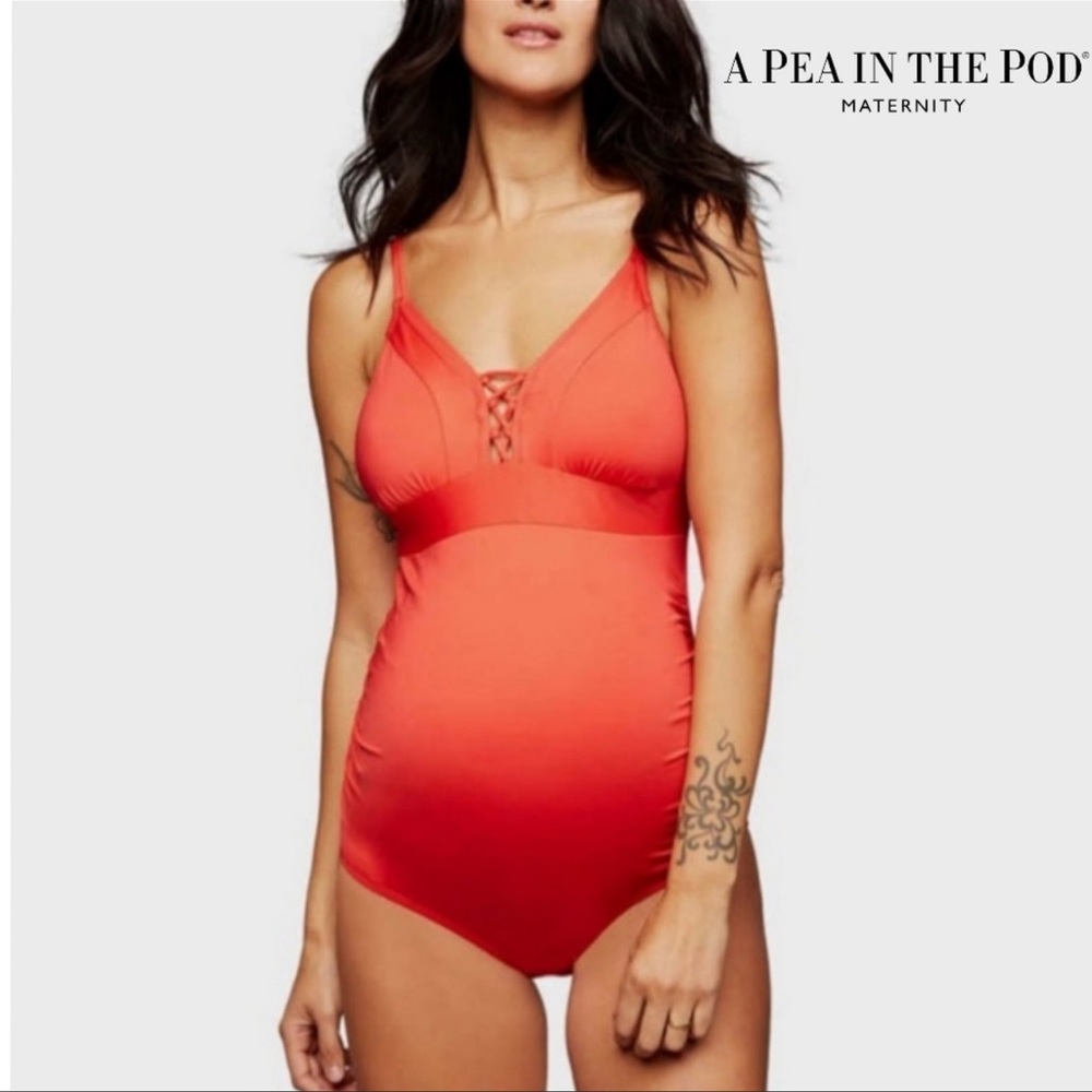 Pea in a pod Maternity cross back bathing suit in coral color